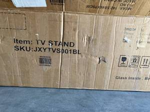 lot 35 image: SOLBAKUILT Modern Black TV Stand Entertainment Center with Storage & Glass Open Shelves