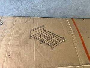 lot 70 image: BOFENG Full Black Metal Full Size Bed Frame with Vintage Wood Headboard and Footboard