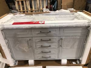 Aberdeen 60 in. W x 22 in. D x 34.5 in. H Bath Vanity in Dove Gray with White Carrara Marble Top by Home Decorators Collection Customer Returns See Pictures