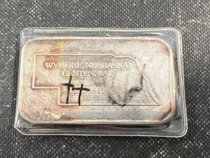 1 TROY OZ .999 FINE SILVER BAR WYMORE NE CENTENNIAL 1881-1981