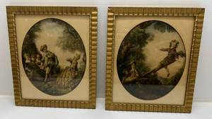 lot 29 image: Two 1940s Framed Nicolas Lancret The Seesaw & Dropping Hankie Prints 12 14 x 14 14