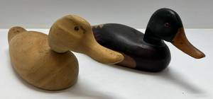 lot 50 image: Two Vintage Hand Carved Wood Duck Decoys 1 Unfinished Both Unsigned