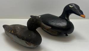 lot 51 image: Two Vintage Hand Carved Wood Duck Decoys 1 Ainsley Baker 1 Unsigned