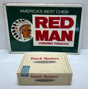 lot 56 image: Vintage Red Man Chewing Tobacco Metal Sign 12 x 18 And Vintage Cigar Box