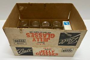lot 77 image: Case Of Vintage 8 Oz. Ball Jelly Glasses With Lids (Case Only Opened For Photos)