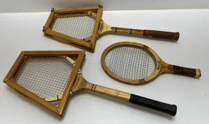 lot 83 image: Group Of Vintage Wooden Tennis Rackets And More