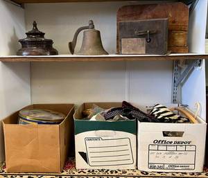 lot 112 image: Two Shelves Full Of Misc. Vintage Items Including Brass Bell And More