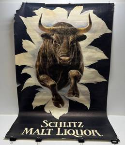 lot 124 image: 1980 Schlitz  Malt Liquor Bull 40 x 64 (Corner Torn And Rips Present)