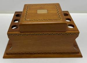 lot 177 image: Vintage Inlaid Wood Pipe Holder And Tobacco Humidor, American Walnut Decatur Industries