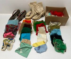 lot 9 image: Early 1900s Antique White Boots, Grey Shoes And Misc. Scarves