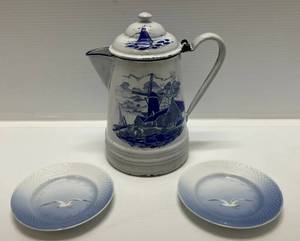 lot 11 image: Two Bing And Grondahl 6 Plates And Vintage Blue And White Enameled Teapot