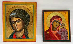 lot 192 image: Two Vintage Hand Painted On Wood Religious Icons