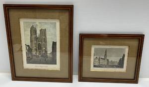 lot 194 image: Two Vintage Framed Behind Glass Etchings Of Buildings 1 9 34 x 11 34 1 12 14 x 14 34