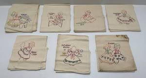 lot 213 image: Vintage Days Of The Week Tea Towels 29 x 36  (Stains Present)