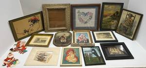 lot 215 image: Group Of Misc. Vintage Frames And Framed Items