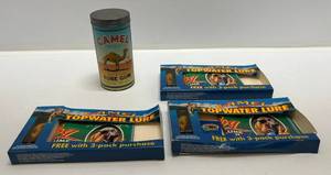 lot 230 image: Group Of Vintage Camel Cigarettes Advertising Items And More Including Vintage Camel Quick Cure Tube Gum Tire Repair (Container Only) 6 12 Tall