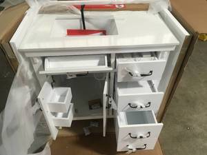 Bellington 36 in. W x 22 in. D x 34.5 in. H Bath Vanity in White with White Engineered Stone Top by Home Decorators Collection  Customer Returns See Pictures