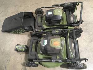 2 Lots of Green Machine  62V Brushless 22 in. Electric Cordless Battery Self- Propelled Lawn Mower  Customer Returns See Pictures