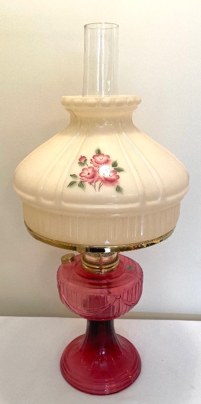 Fenton hand painted vintage hurricane lamp firm