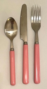 lot 92 image: Pretty Pink Handled Knives, Forks and Spoons