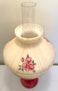 lot 1 image: Vintage Fenton Oil Lamp Base with Hand Painted Milk Glass Globe
