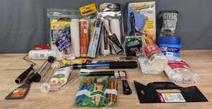 lot 100C image: New Painting Supplies Extension Roller Handle, Paintbrushes, Razor Scraper and More R