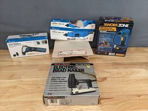 lot 111 image: Black and Decker Electric Brad Nailer, Work Zone Power Inflator, Rotary Tool and More R