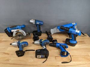 lot 90 image: Drill Master 18 Volt Drill, Impact Driver, Impact Wrench, Reciprocating Saw, Circular Saw with Batteries and Chargers   R