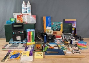 lot 150 image: Office Supplies  Canon Adding Machine, Electric Pencil Sharpener, Post It Notes, Paper Clips, Staple Puller, Highlighter Pens, Scissors and More  R