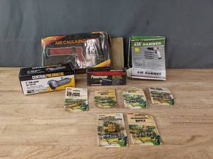 lot 85 image: NEW Chicago Forge Air Hammer, ACME Connectors, Central Pneumatic Air Cutter , Menards Air Caulking Gun and Powermate Grinder R