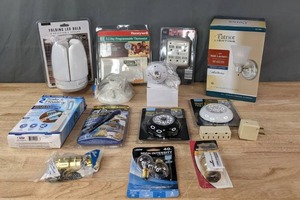 lot 101 image: New Lighting and Electrical Items Honeywell Thermostat, Wall Lantern, Surge Protector Cube, Disinfecting UV Light and Much More  R
