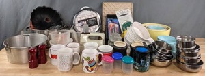 lot 144 image: Kitchenware Collection  Stainless Steel Bowls, Hand Mixer, Bundt Pan, Coffee Mugs, Mixing Bowls, Serving Bowls, and Much More  R