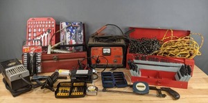 lot 112 image: Tool Boxes, Drill Bits, Black and Decker Air Station, Battery Charger and More R