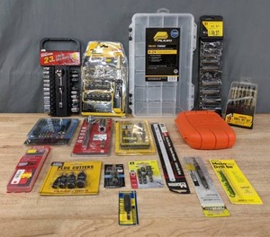 lot 65 image: Assortment of Tools Universal Socket, Plug Cutters, Hack Saw Blades, Screw Guides, Drill Bit Set, Prolatch Stowaway, SAE & Metric Sockets, Black & Decker Screw Driver Bit Set and More R