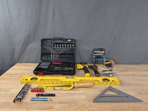 lot 98 image: A Variety of Tools Including a Bit Set, Wallboard Saw, Tape Measurer, Speed Square and More  R