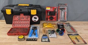 lot 155 image: Tool Box and Small Tools  Paint Scraper, Screwdriver Bit Set, Tape Measure, Crimping Tool, Hole Saw Bits, 25-Piece Magnetic T-Bar Driver Set, and More  R