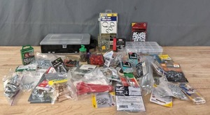 lot 118 image: NEW Assorted Screws and Other Hardware Carabiner Clips, Hose Clamps, Masonry Anchors and More R