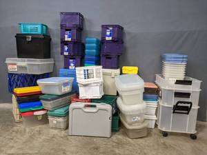 lot 163 image: Large Assortment of StorageOrganizing Bins and Crates (Sterilite, Rubbermaid, Office Depot, Bella, etc.) R