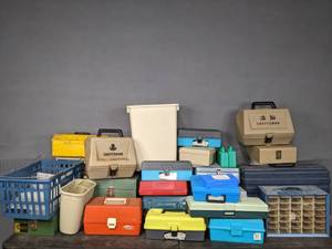lot 182 image: Over 30 Plastic and Metal Containers (Vintage Hamilton Port a Files, File a Way Letter File, Makita Tool Box, Old Pal, Craftsman, Quasar, Plano and More) R