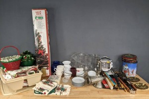 lot 192 image: Assortment of Household and Holiday Items, Including Pampered Chef, Faberware, Vintage Tinned Meat Grinder, Vases, Glass and Ceramic Dishes, The Complete 3 Tree with Stand and More R