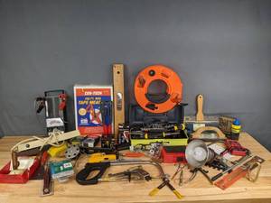 lot 168 image: Miscellaneous GarageHandyman Items Work Light, Cen-Tech Digital Multimeter, Masonry Drill Bit, Extension Cord, Screwdriver Kit, Panduit Cable Tie Gun, Chicago Electric Power Tools Battery Load Tester, and more R