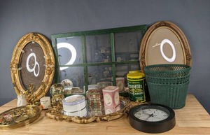lot 197 image: Household Decor and Collectibles Meister Village Shoppe Tin, LaCrosse Waylon Clock, Music Company Water Globe, 6-Pane Mirror, Oval Wooden Frames and More R