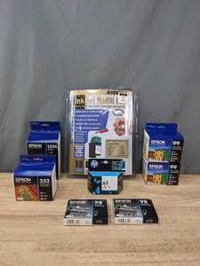 lot 162 image: New Epson Black and Color Ink Cartridges (252, 252XL, 98, 99), HP Color Ink Cartridge (63), and Stratitec Inkjet Refill Kit R