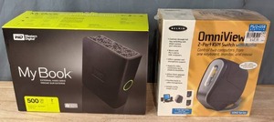 lot 158 image: NEW Western Digital My Book Essential 500 GB External Hard Drive and NEW Belkin OmniView 2-Port KVM Switch with Audio  R
