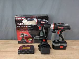 lot 91 image: Black Man 24 Volt Cordless Drill with Battery, Charger and Dewalt Drill Bits  R