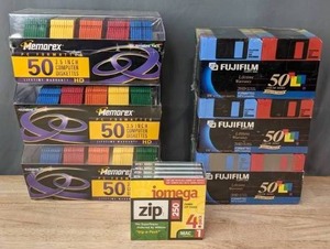 lot 174 image: Collection of NEW Boxes of Memorex 3.5 Computer Diskettes, Iomega Zip Disks, Fuji Film 3.5 Computer Diskettes  R