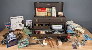 lot 175 image: Vintage Metal Toolbox with Craftsman Propane Torch Kit, Weller Soldering Station & Supplies, Cold Heat Soldering Tool, Floor Drain, and More  R