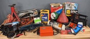 lot 193 image: Automotive Supplies  Tire Irons, Jacks, Air Filter, Power Pro Auto Jumper, Funnel, Oil Pan, Splash Guards, License Frame, and Much More  R