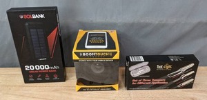 lot 183 image: Solar Power Bank, Boom Touch Speaker, and Tool Light Tweezer Set R