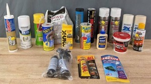 lot 171 image: Household Supplies  Liquid Nails, Plasti-Dip, Rid-X, Loc-Tite, Painters Putty, Power Grout, Seal All, Spray Paint, and More  R